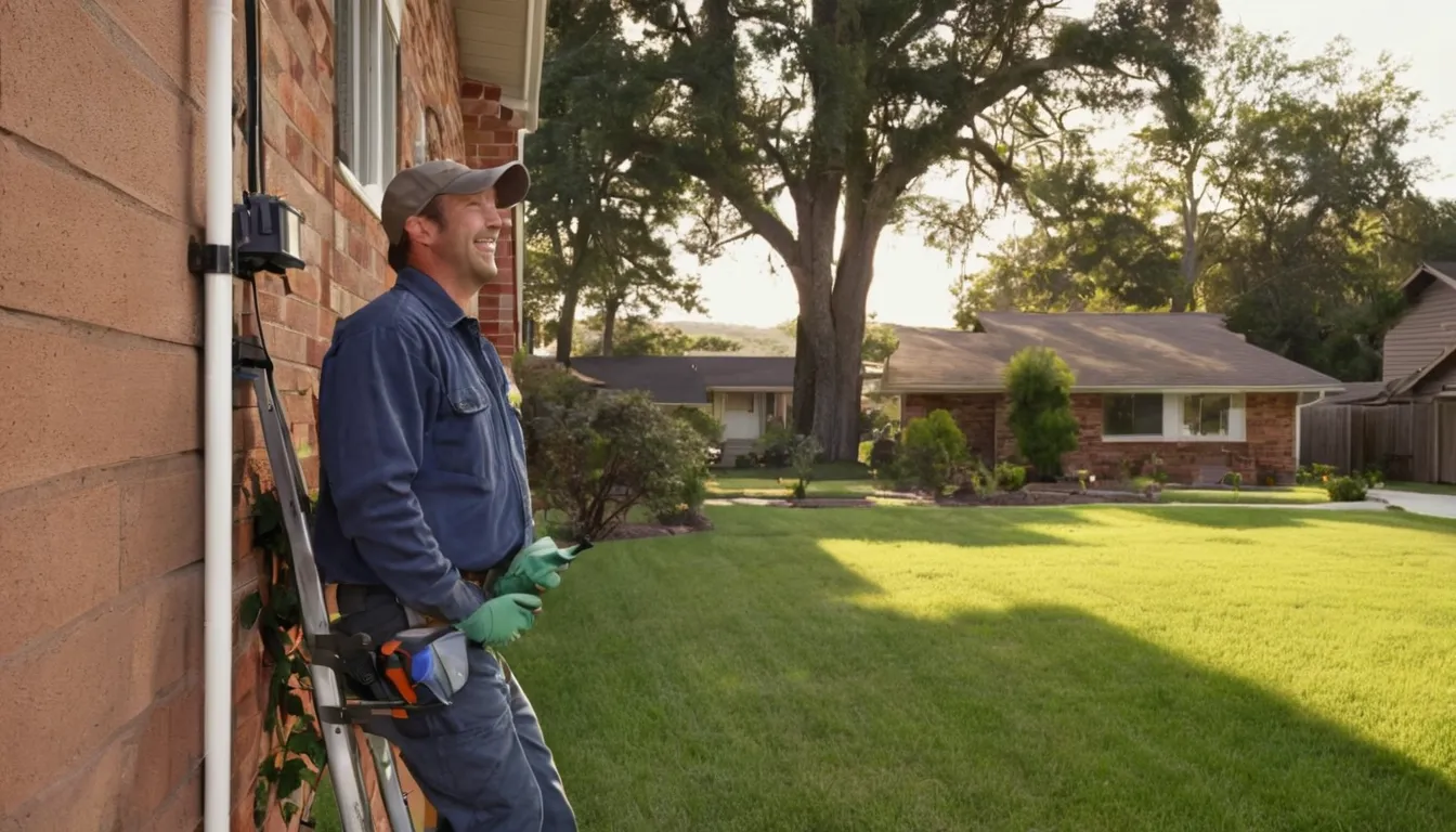 A local wildlife removal provider inspecting an attic vent on a brick ranch home in Fate