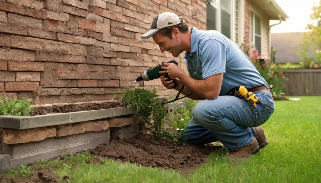A termite provider inspecting the foundation of a brick ranch home in Fate